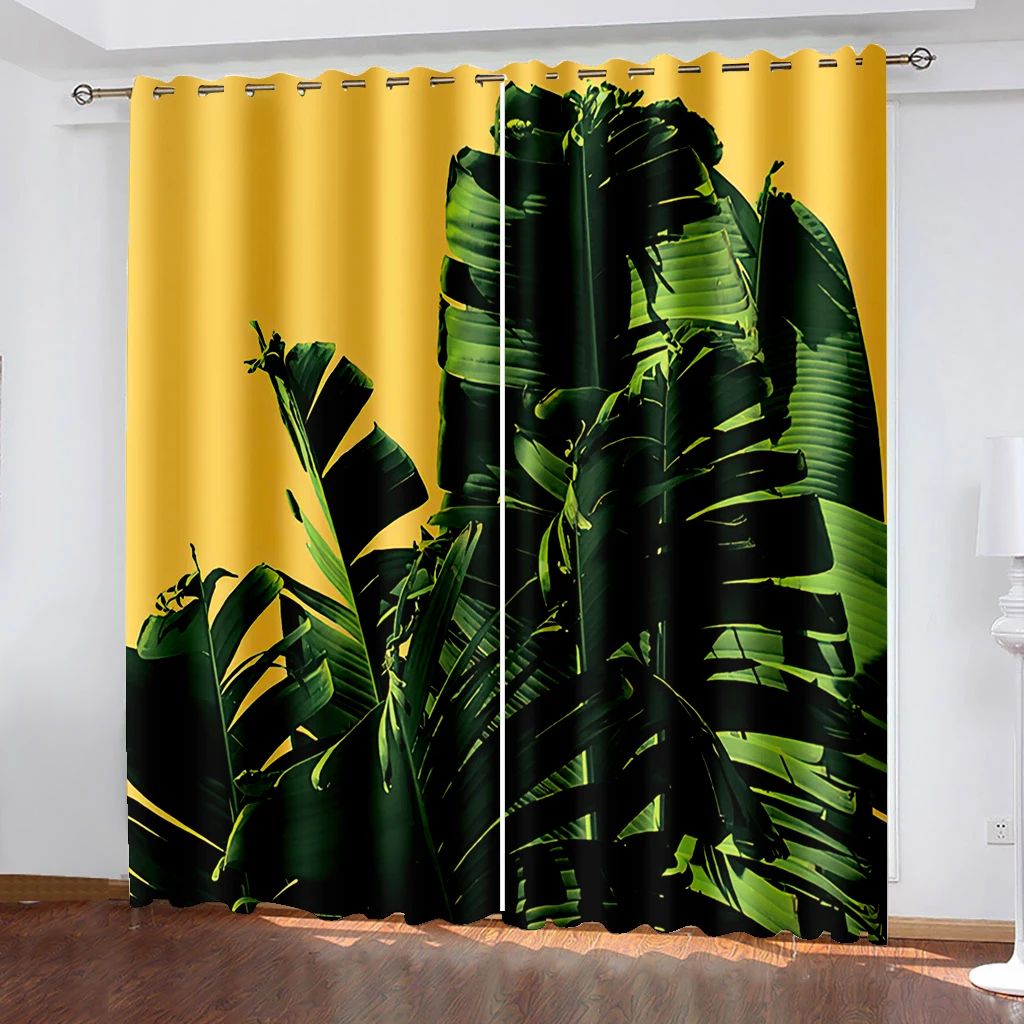 

Tropical Leaf Printing Woven Curtains Two Separate Curtains on The Left and Right of The Bedroom Blackout Curtains