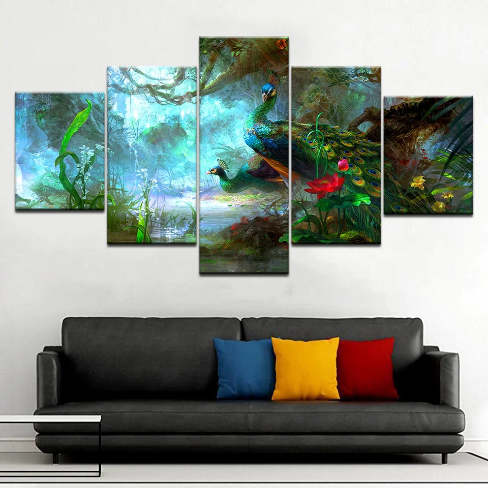 

5 Panel Piece HD Print Two Peacock In Forest Modern Posters Wall Art Canvas Painting For Home Living Room Decoration