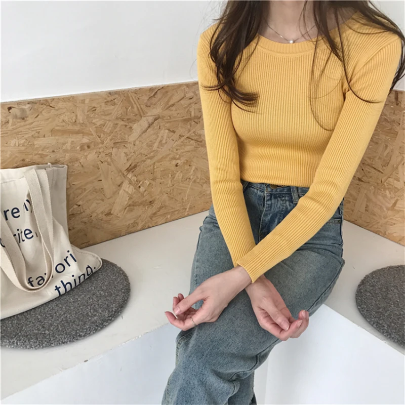 2022 Autumn Winter O-Neck Ribbed Pullover Knitted Women Long Sleeve Slim Elasticity Jumper Ladies Cotton Soft Green Sweater Tops