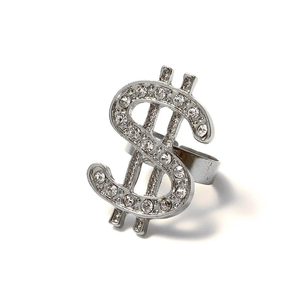 Street Style Rhinestone Dollar Sign Rings For Men Women Adjustable Fashion Money Bling Crystal Hip Hop Ring Jewelry Rock Gift