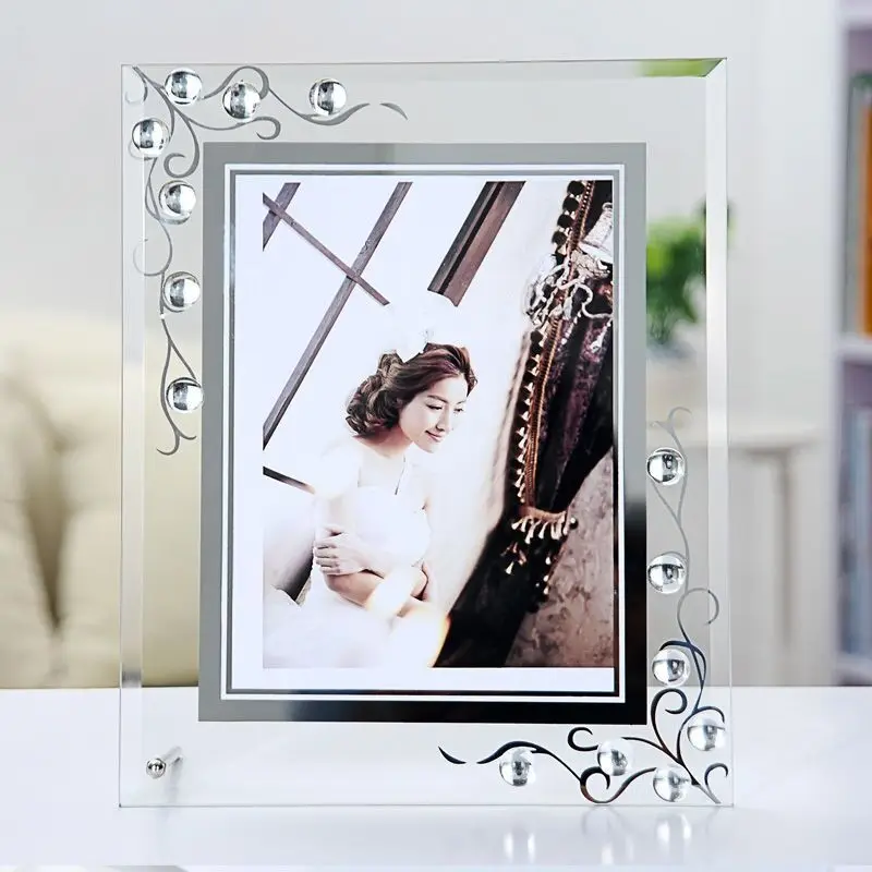 Glass Photo Frame with Rhinestone, Living Room Ornaments, Modern and Simple, 5 in, 6 in, 7 in, 8 in
