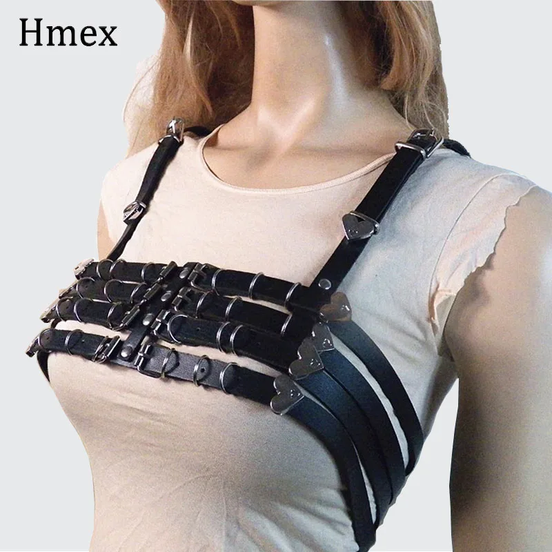 

Creative Black Sexy Leather Bra Harness Belts Womens Punk Top Bondage Metal Choker Chain Link Heart Waist Belt Straps Suspender