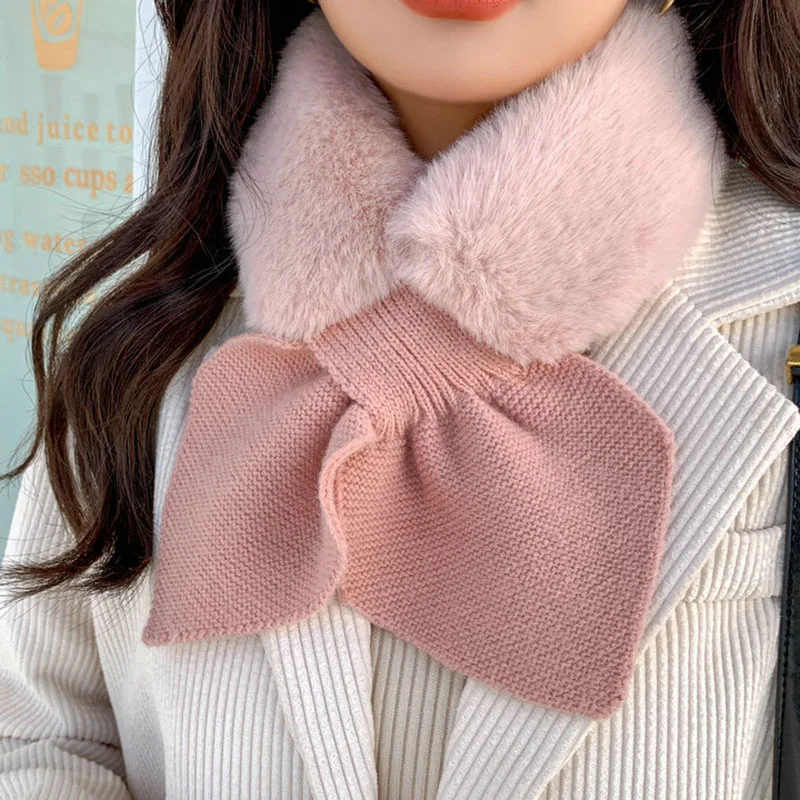 

Plush Cross Bib Autumn Winter New Windproof Warm Stitching Knitted Bowknot Imitation Rabbit Fur Sweet Cute Scarf Women F38