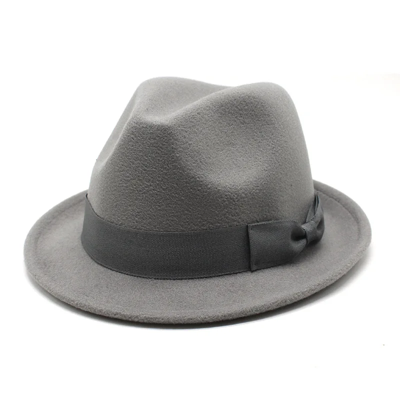 Women Bow Chain Fedora Hat Men Short Brim Wool Felt Jazz Fedora Hats Elegant Panama Trilby Cap wholesale