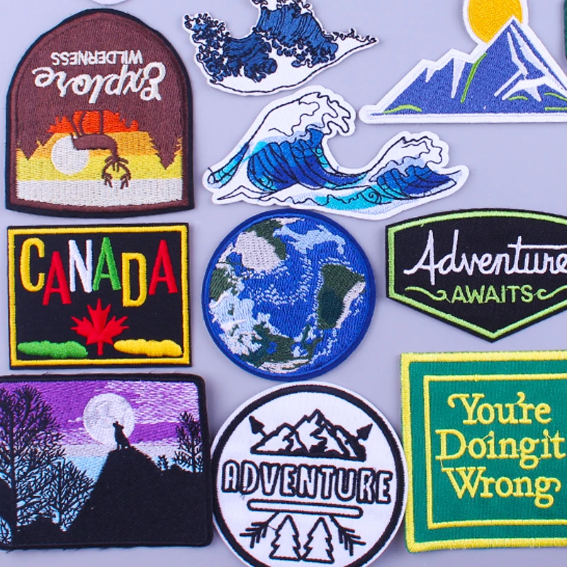 Wave Patches Outdoor Embroidery Patches For Clothing Mountain Adventure Iron On Patches For Clothes DIY Hook And Loop Stickers