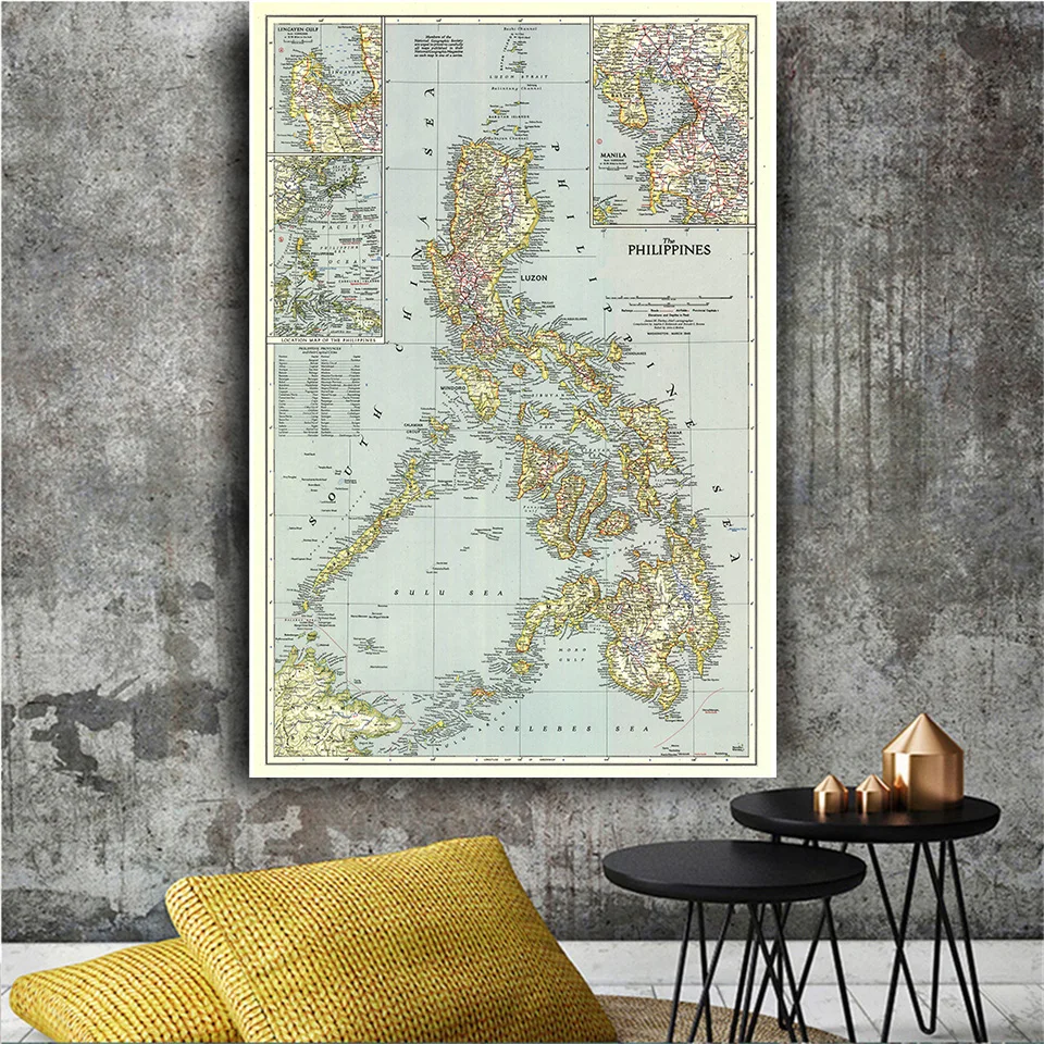 mapa vintage filipino 1945 poster artistico detalhado para parede pintura em tela nao tecido material escolar decoracao para casa 150225cm 01