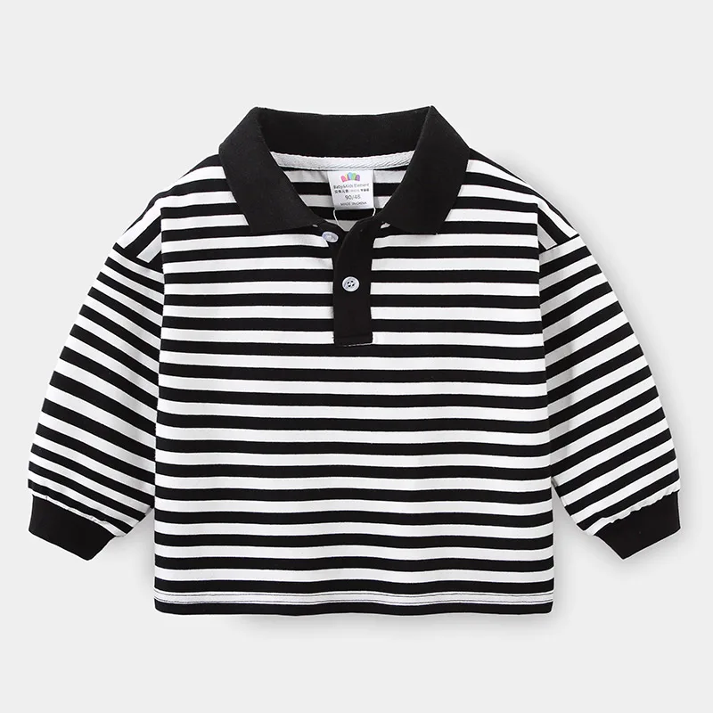 2024 Spring Autumn 2 3 4 5 6 7 8 10 Years School Children Cotton Turn-Down Collar White Black Striped T-shirt For Baby Kids Boys