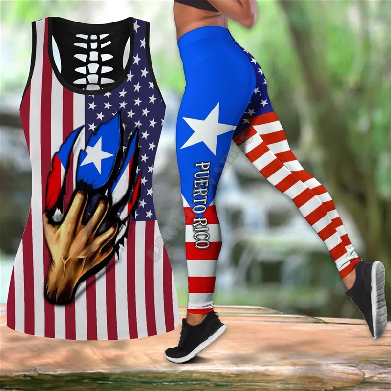 

Puerto Rico America Lover Combo Outfit Leggings and Hollow out Tank Top Suit Yoga Fitness Soft Legging Summer Women For Girl