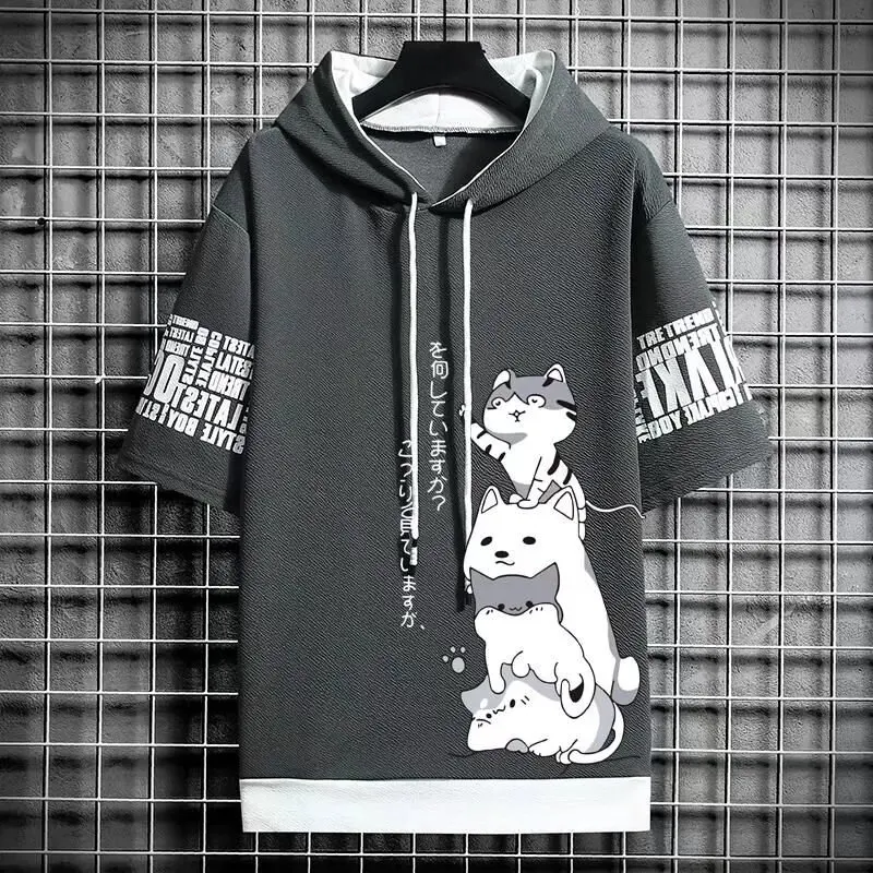 Man Summer Short Sleeve Hooded Graphic T Shirts Harajuku Cartoon Anime Shirt Japanese Streetwear Tees Casual Men Clothing 2021