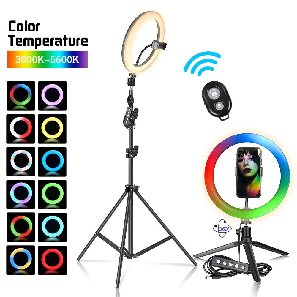 Anello per Selfie RGB da 10 pollici con supporto per treppiede supporto per telefono per registrazione Video YouTube lampada a cerchio a LED per fotocamera per telefono iphone