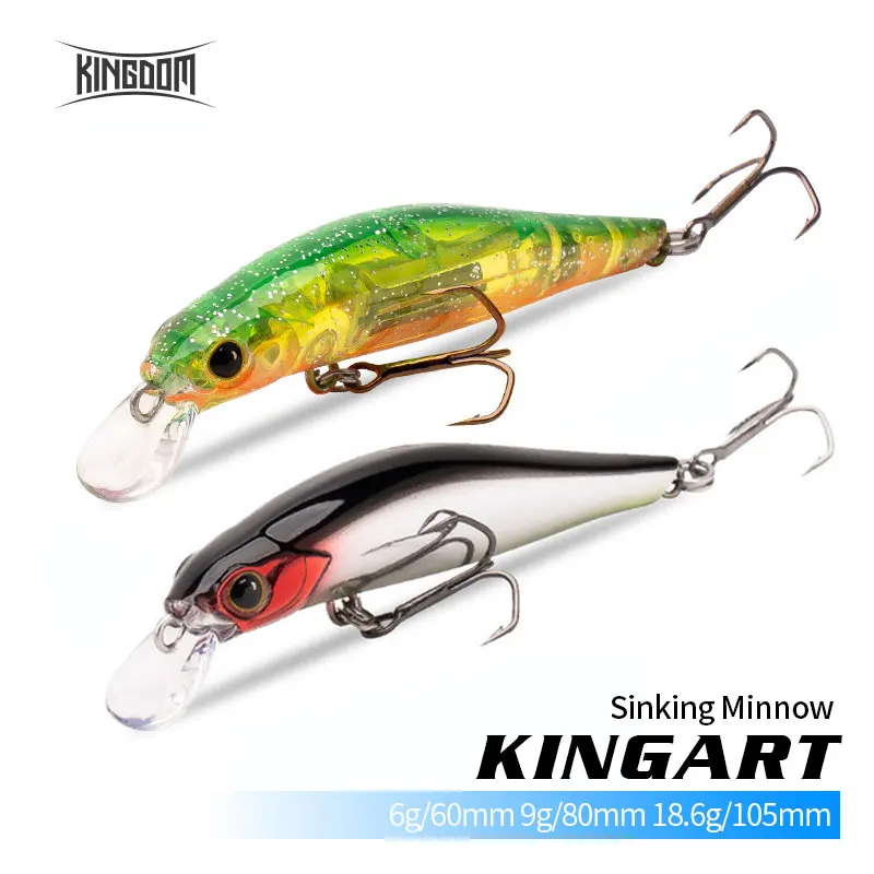 Kingdom-isca de pesca minnow afundida, 6g, 60mm, 9g, 80mm18.5g, 105mm, isca de pesca com gancho triplo vmc, iscas de pesca