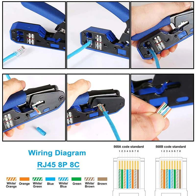 Htoc cat5 cat6 ferramenta de crimpagem conector cat6 com protetor de tensão botas pacote de (50/50) e kit de ferramentas crimper modular rj45 friso