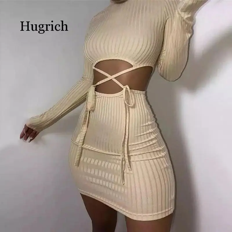 New 2021 Autumn and Spring Women's Round Neck Long Sleeve Sexy Hollow Out Slim Night Club Party Dress