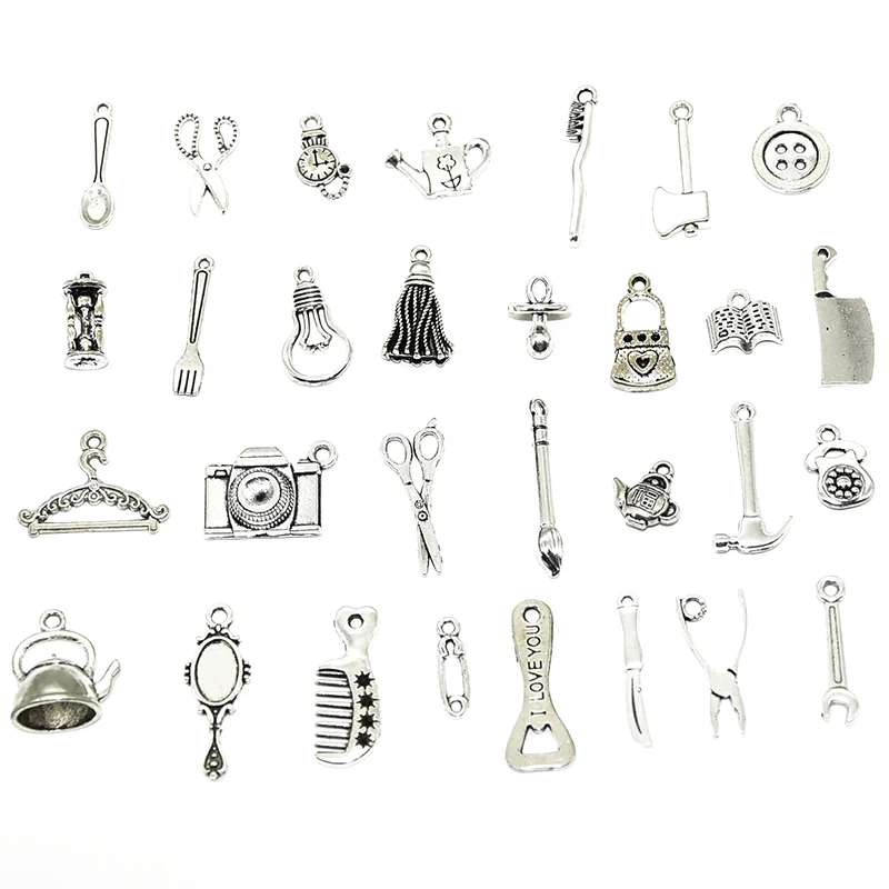 30pcs Wholesale Vintage Daily Necessities Charms Zinc Alloy Metal  Mixed Pendants For DIY Handmade Jewelry Accessories Making