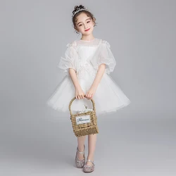 White Tulle Embroidery Flower Princess Girl Dress Half Sleeve Wedding Birthday Party Dress Toddler Girls Pageant Communion Gowns