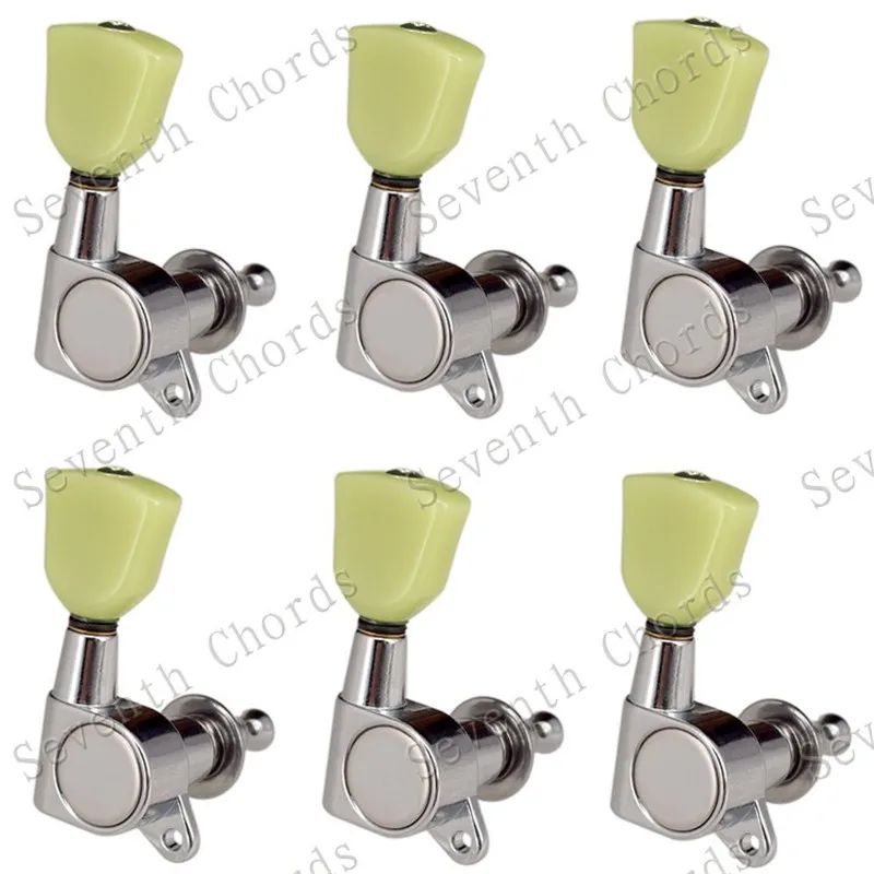 Ein Set mit 6 Stück versiegelten Mechaniken für Gitarren, inklusive Stimmwirbeln, Stimmknöpfen und Trapez-Jade-Grün-Knöpfen, Gitarrenzubehör und -teile. – Detail 8