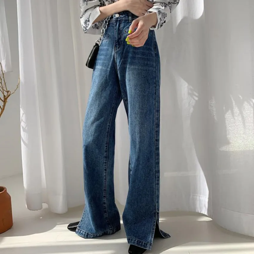 

High Waist Women Jean Split Blue Zipper Vintage Spring Autumn Fashion Pants Loose Denim Wide Leg Trouser