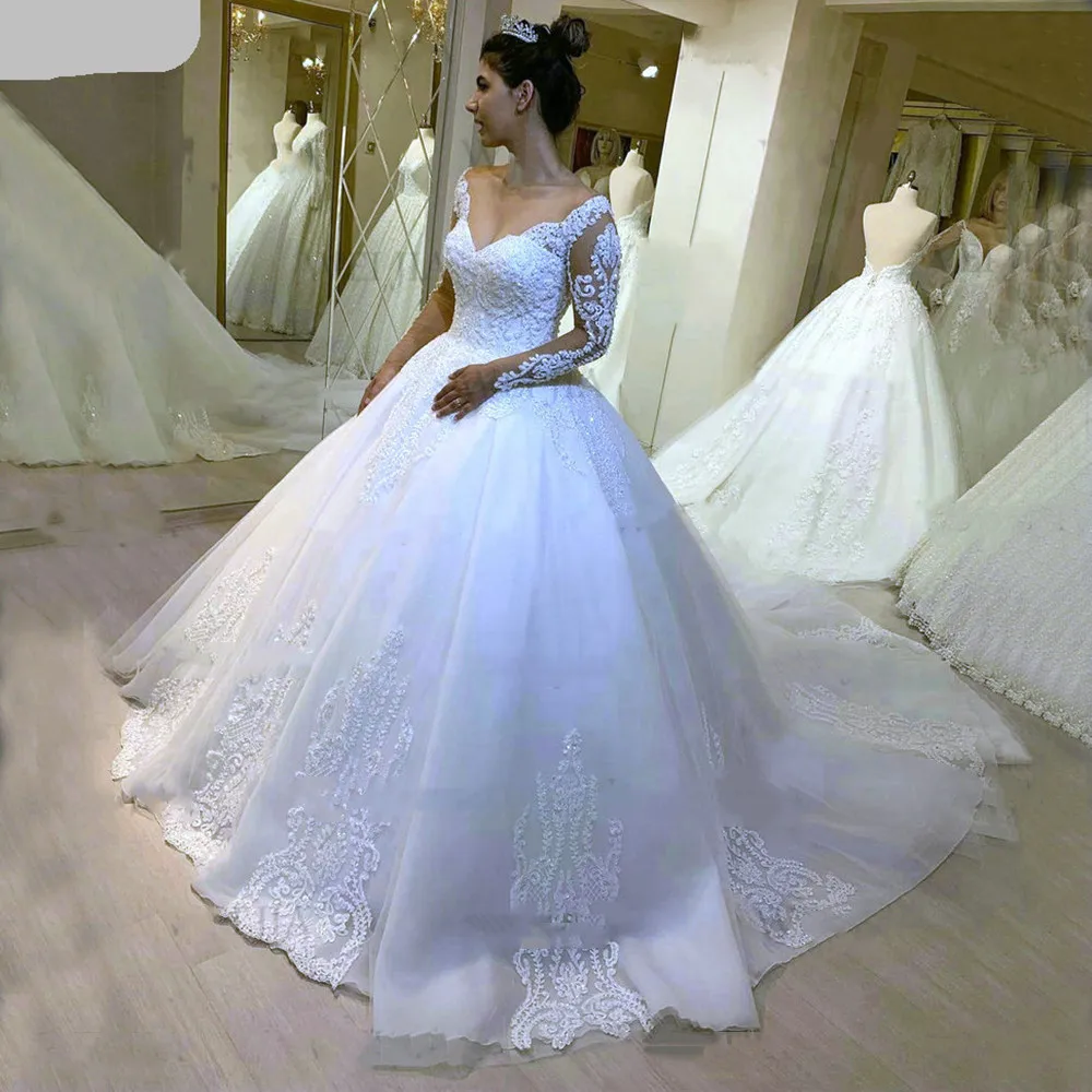 

White V Neck Lace Applique Wedding Dresses 2021Full Sleeves Lace Up Ball Gown Organza Bridal Gown Customize robe de soirée