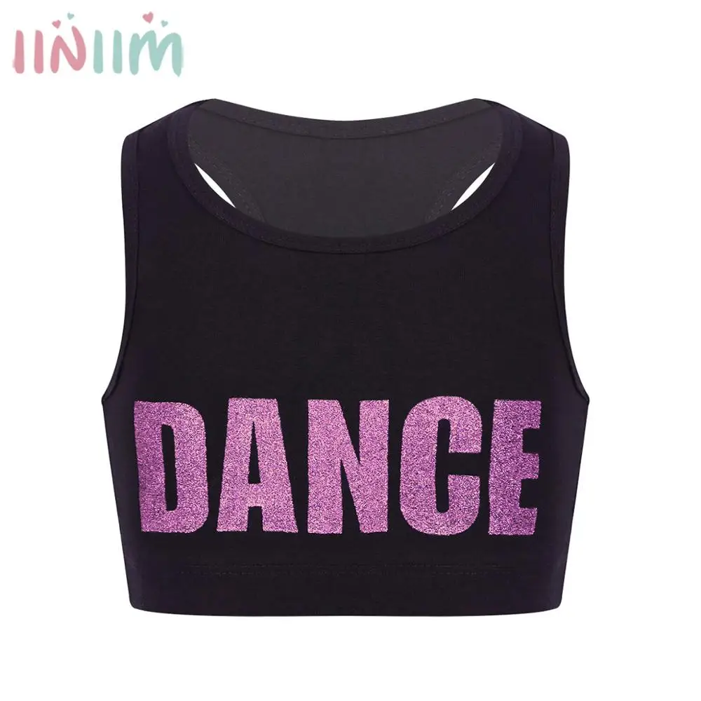 

iiniim Kids Girls Sleeveless Summer Vest Tops Shiny Letters DANCE Printed Crop Top Bra for Dance Exercise Dancewear