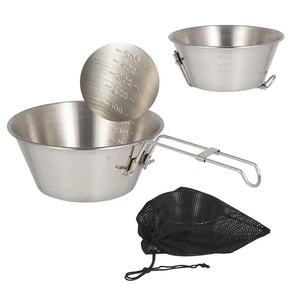 550ml Folding Handle Stainless Steel Bowl Outdoor Pinic Sierra Cup Bowl With Mesh Travel Bag Camping Tableware Cooking Bowls