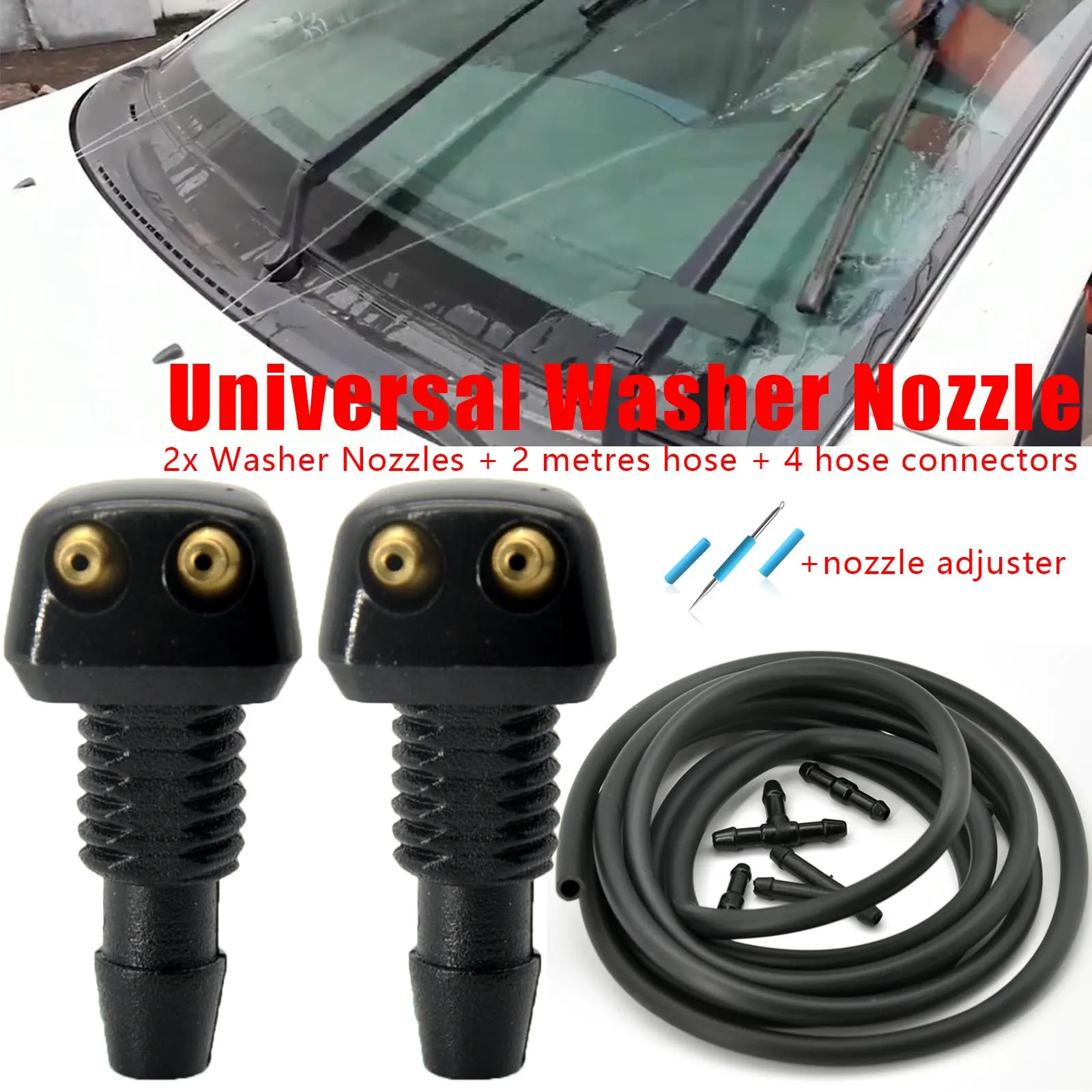 2x Universal Front Windshield Washer Wiper Nozzle Sprayer Sprinkler Water Spout Outlet For Toyota Mazda Hyundai Vauxhall Fiat