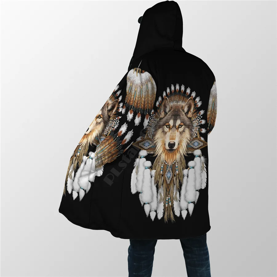 Winter Mannen Voor Vrouwen Capuchon Mantel Inheemse Wolf 3d Overal Geprinte Fleece Windbreker Warme Capuchon Mantel