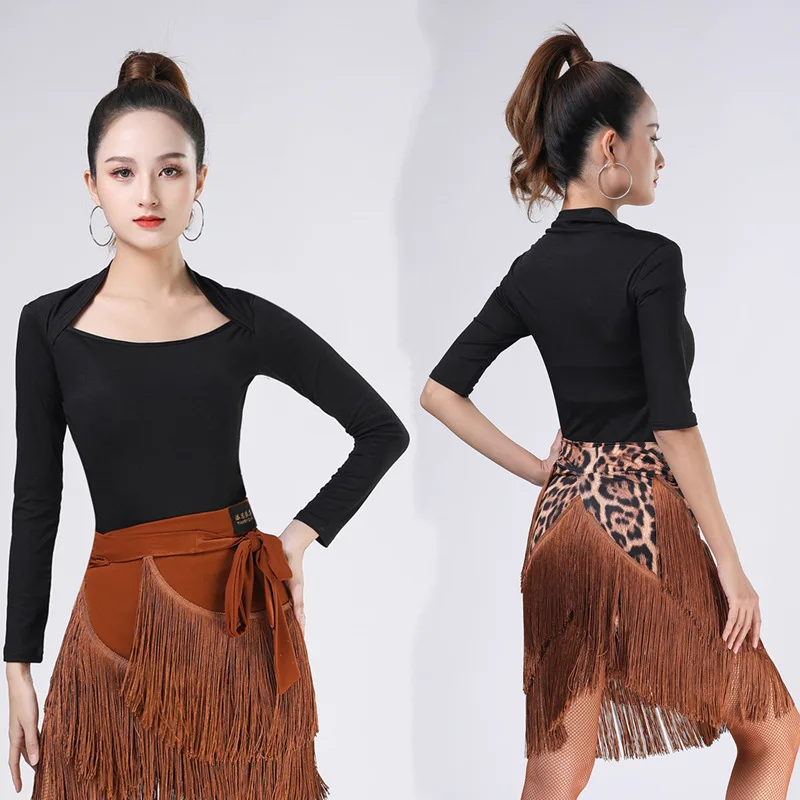 Adult Women Latin Dance Tassel Hip Triangular Scarf Skirt Leopard Print Skirt Black Long Sleeves And Half Sleeves Top Dancewear