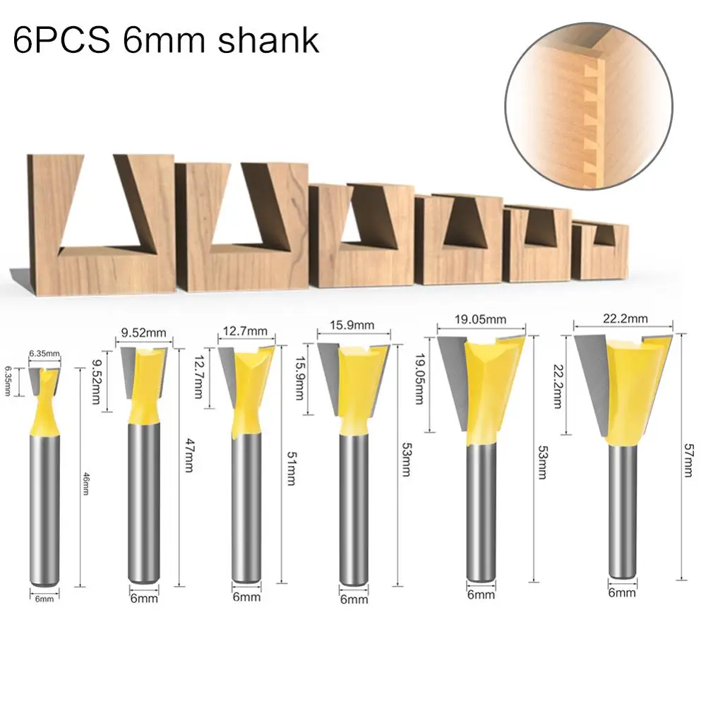 6mm Shank 1/4 Dovetail Joint Router Bits Set 14 Degree Woodworking Engraving Bit Milling Cutter for Wood