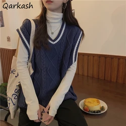 Sweater Vest Women Blue Spring Autumn BF Style V-Neck Patchwork Sleeveless Streetwear Loose-fitting Retro Knitted Design College