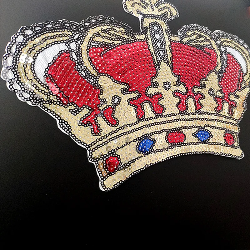 27CM Crown Iron On Patches For Clothing Red Sequins Biker Badge Embroidery Fabric Sequined Patch Clothes Stickers Strange things