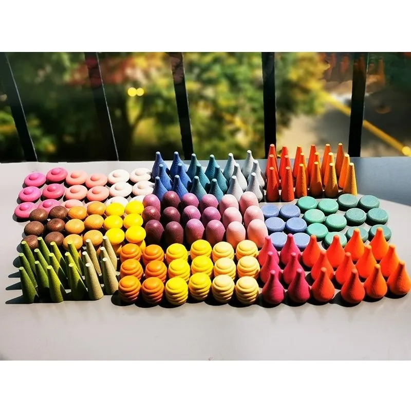 6Pcs Kinderen Houten Rainbow Mandala Losse Onderdelen Speelgoed Paddestoelen Honingraat Druppeltjes Boom Kegels Mini Munten Bouwstenen