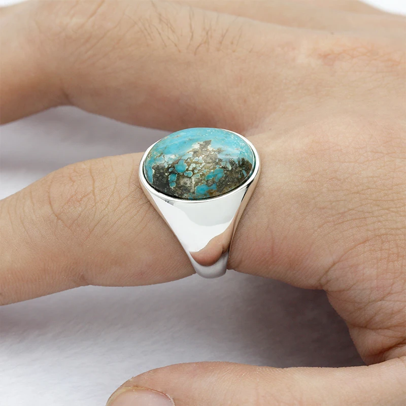 Turkey 925 sterling silver ring contracted wind oval male luxury high polished natural turquoise jewelry, finger ring