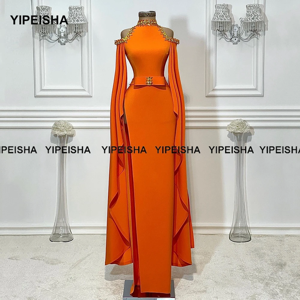 Yipeisha Halter Mermaid Prom Gown Met Strass Floor Lengte Oranje Party Dress Met Mouwen Avondjurken Vestido De Festa