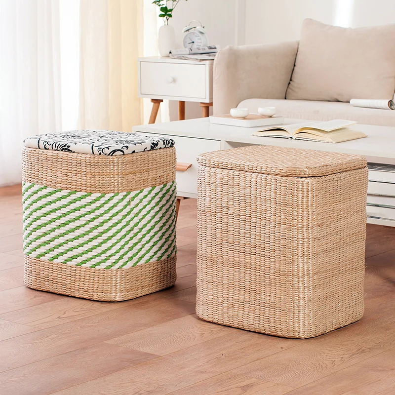 Straw Solid Wood Storage Stool Storage Stool Rattan Shoe Changing Stool Sofa Stool Makeup Stool Can Sit Organizing Storage Boxes