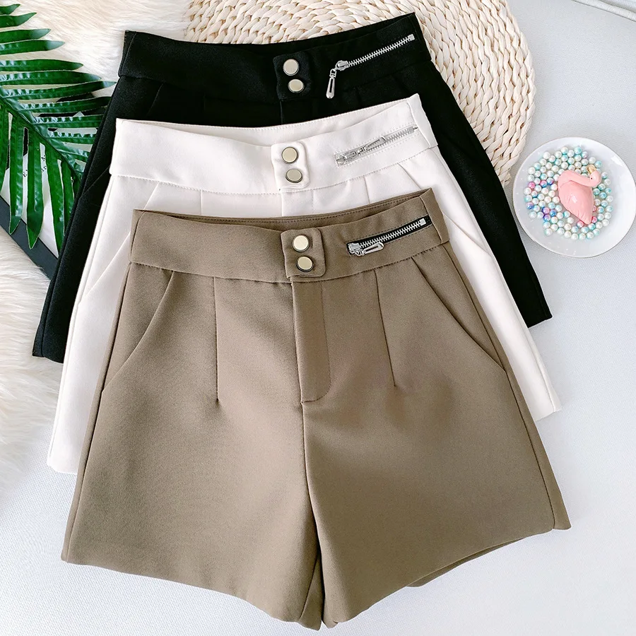 Shorts feminino casual, calção curta para trabalho com cintura alta, para outono e inverno, com zíper abotoadura, perna larga