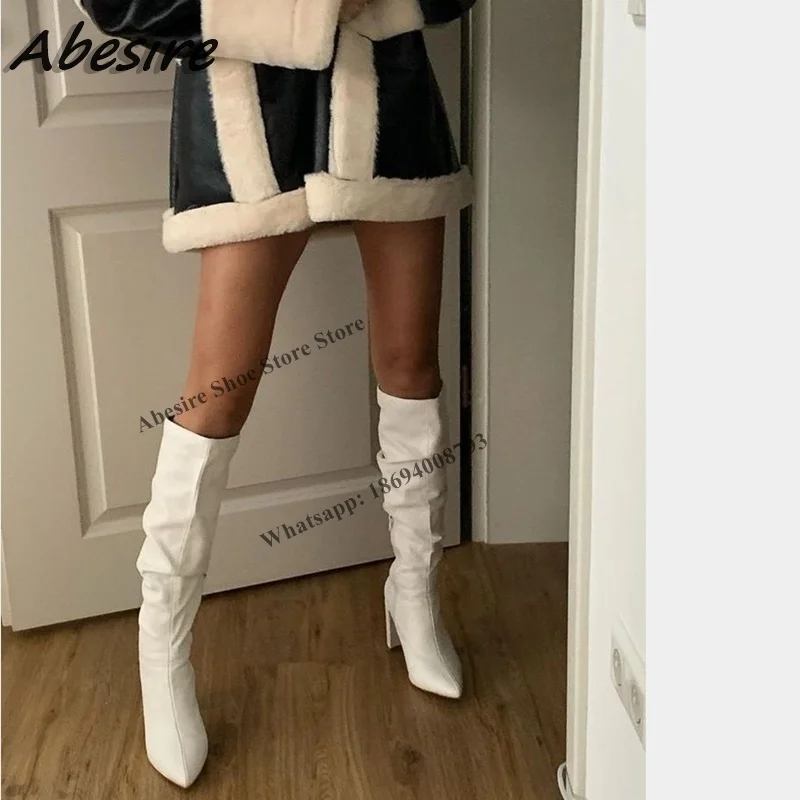 

Abesire White Long Boots Pleated Chunky High Heel Leather Pointed Toe Knee High Solid New Autumn Winter Big Size Women Shoes