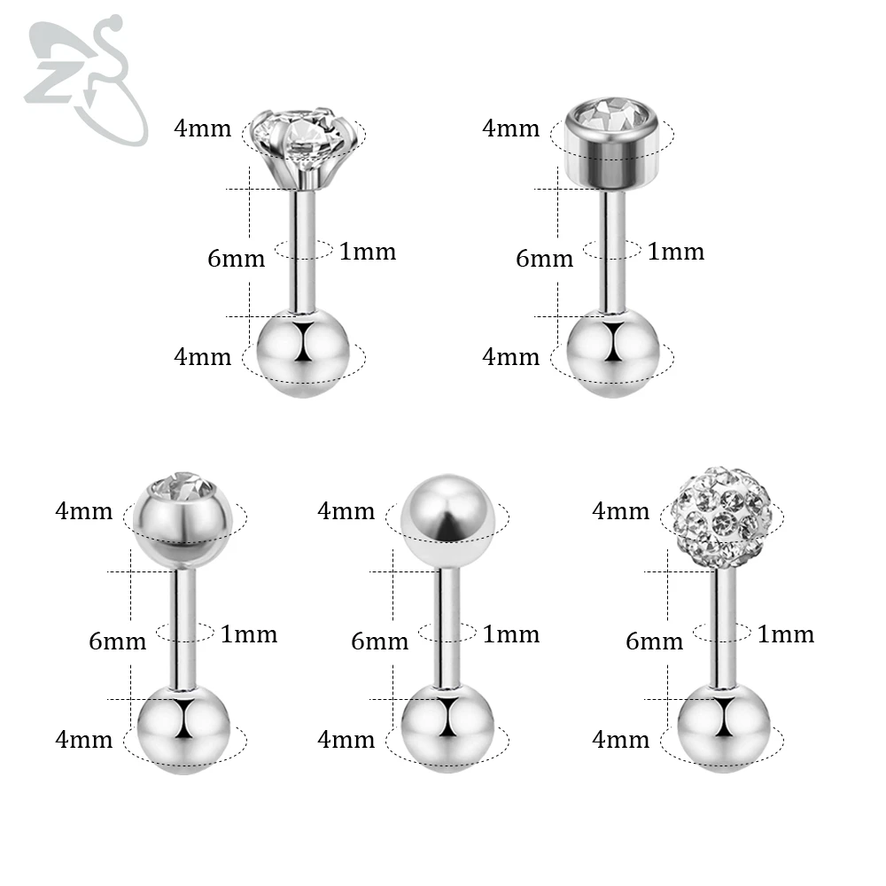 ZS 10pcs/lot 5 Styles CZ Crystal Stud Earrings 4 Colors Stainless Steel Ear Helix Cartilage Piercing Set For Women Girls Jewelry