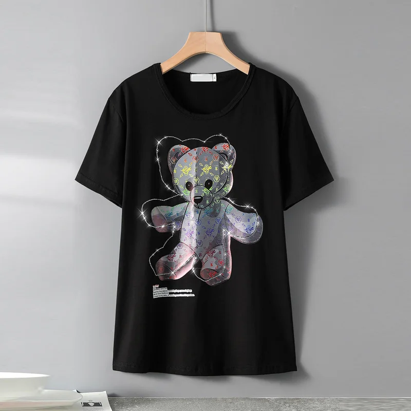 

Summer Fashion short-sleeve T-shirts lady personality Cartoons Little bear Printing Pattern Hot diamonds Loose Casual women tops