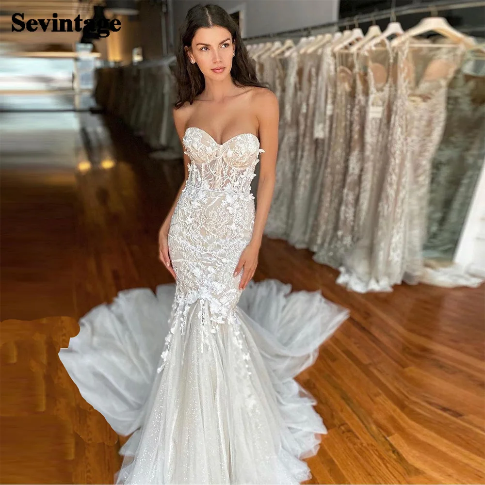 Sevintage Luxury Mermaid Wedding Dresses Sweetheart Lace Appliques 3D Flowers Beading Bride Dress Sleeveless Tulle Wedding Gown