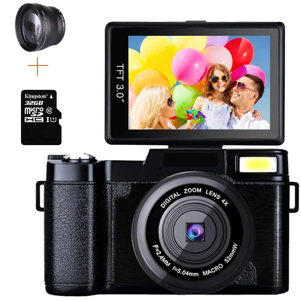 Professional 24MP Video Camera 4X Zoom Rotatable Screen Full 1080P Anti-shake SLR Camcorder Photo w/ Wide Lens and 32GB Card