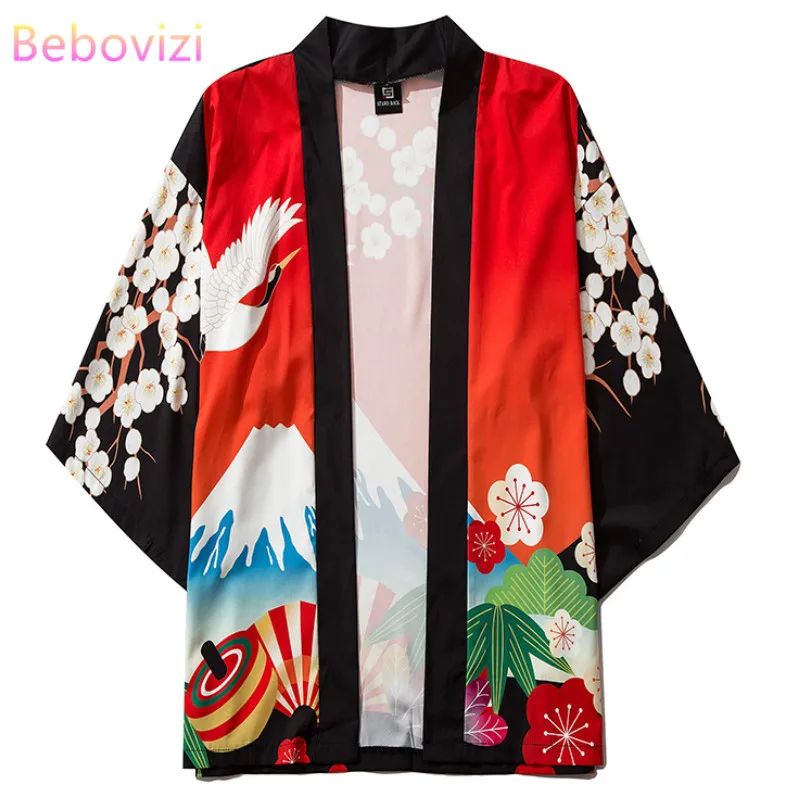 

M-XXL Loose Red Crane Cherry Blossom Print Japanese Fashion Kimono Men and Women Cardigan Blouse Japan Cosplay Clothing Male