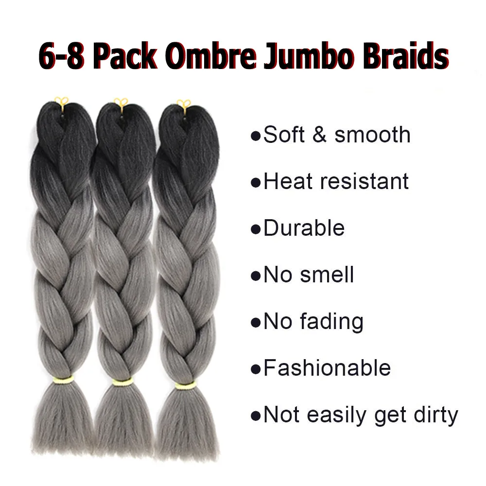 Alororo  Afro Black Grey Ombre Braiding Hair 24 Inch 3/6/8Pcs/Pack Synthetic Hair Extension for Jumbo Braid Hair Wholesale