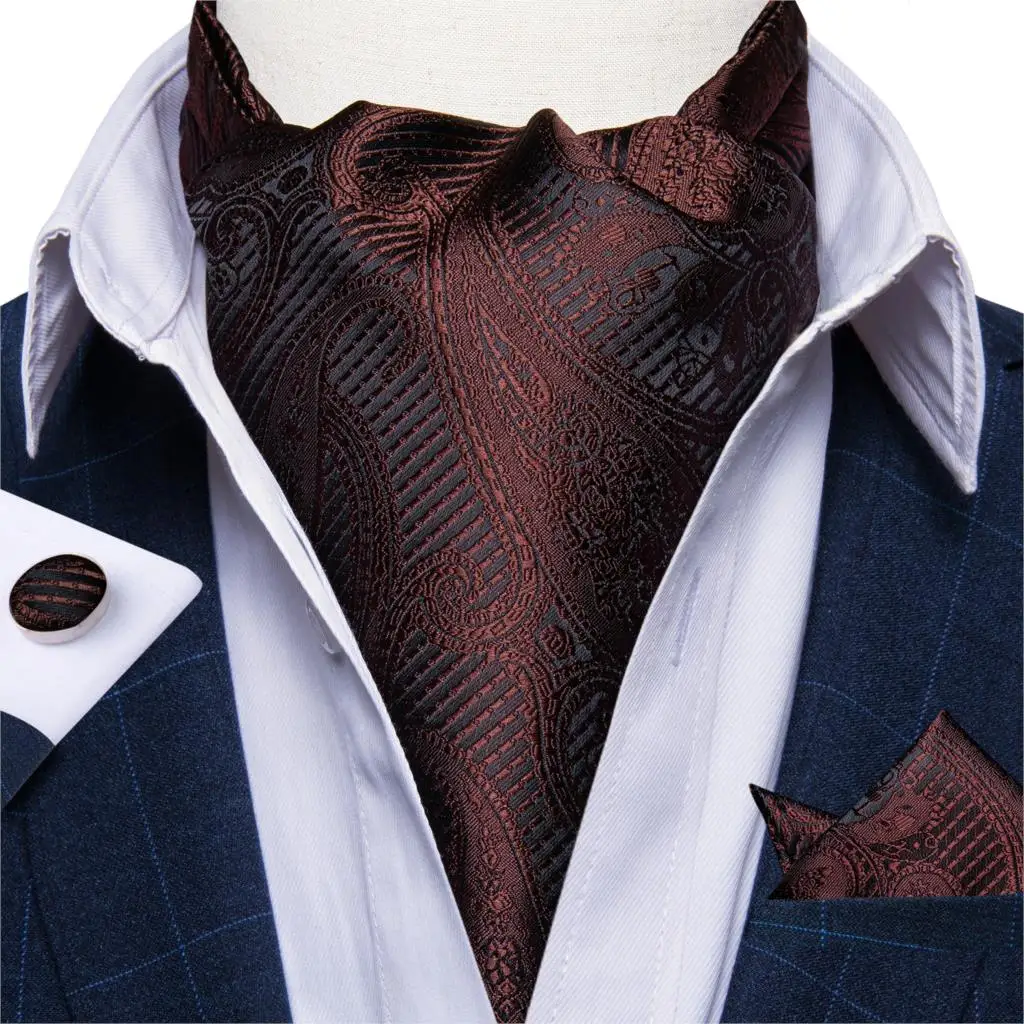 Gentleman Wine Red Cravat Ascot Tie for men British Vintage Style Cravat Autumn Winter Scarf Necktie Set for Formal Business