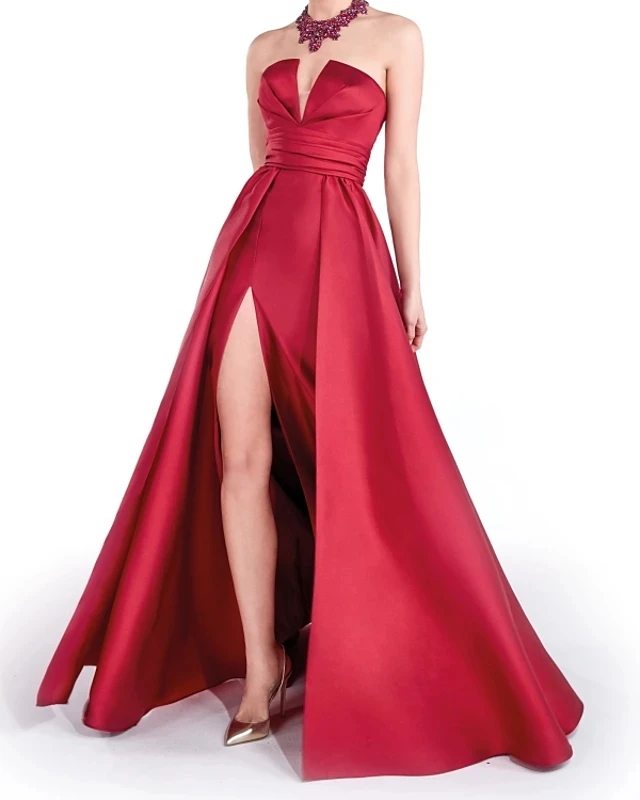 Robe de Soirée Simple en Satin Rouge Foncé, Sans Bretelles, Fendue, Longue, Éducative, pour Bal de Promo