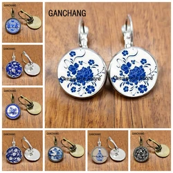 New blue and white porcelain round glass cabochon earrings, art glass earrings, best gift