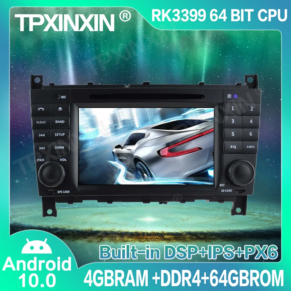 

Автомобильный проигрыватель, 4 + 64 ГБ, Android 10, для Mercedes Benz C-Class W203 2004-2007, CD, DVD, GPS-навигация, Автомобильный мультимедийный проигрыватель, магнитофон