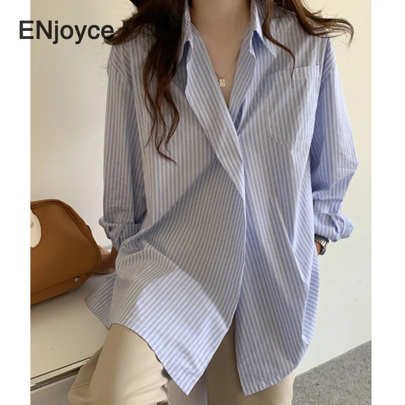 

ENjoyce Vintage Blue Striped Shirts Women Long Sleeve Blouse Top Korean Fashion Casual Loose Shirt Traf Workwear Spring Fall