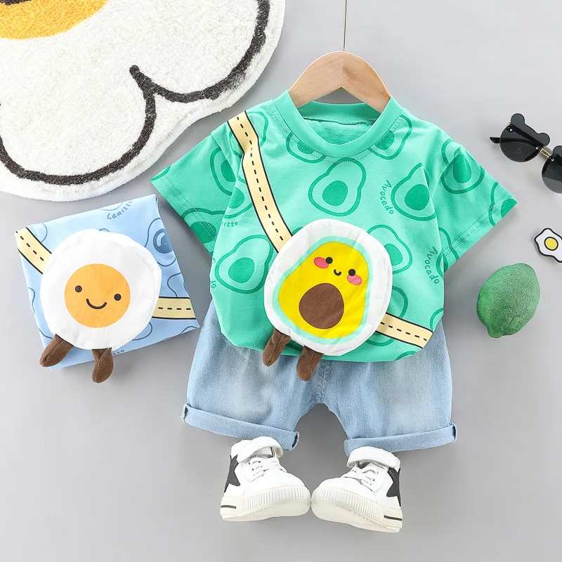 New Toddler Boys Fashion Casual Clothes Outfits 0-5years Baby Girls Print T-shirt with Cartoon Bag+Denim Shorts Summer Clothing