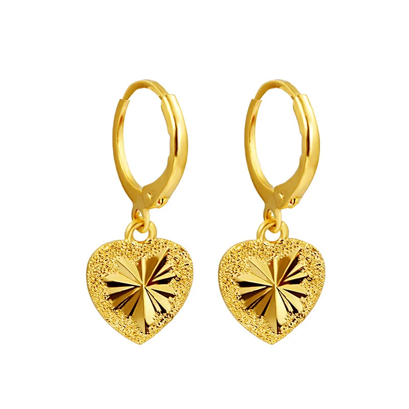 24K Yellow Gold Drop Earring for Women Fine Romantic Heart Jewelry