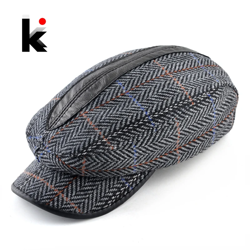 Vintage Berets Men Fashion Striped Peaked Caps Leather Stitching Boina Hats Men's Wool Newboy Caps Autumn Winter Flat Visor Cap